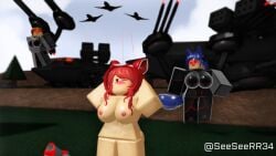 2020 3d 3girls arms_behind_head arsenal_(rolve) belladonna_(seesee) blush cosplay female female_only megaphone naked one_eye_closed original_character original_characters outside red_hair red_panda_(rolve) roblox roblox_game robloxian rolve seesee smug tagme tagme_(character) twitter_username