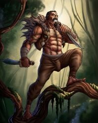 balls bara black_hair body_hair bulge clothing facial_hair ilovefsushi knife knives kraven_the_hunter love_sushi male male_only marvel marvel_comics muscles muscular penis solo solo_male spider-man_(series)