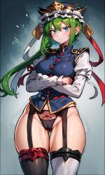 1girls 2d ai_generated annoyed annoyed_expression black_panties black_thighhighs blue_eyes blue_vest blush breasts cameltoe crossed_arms curvaceous eiki_shiki exhibitionism female female_focus garter_straps green_hair hat hips hourglass_figure long_sleeves looking_at_viewer medium_breasts mole_under_eye multicolored_thighhighs nipple_bulge panties pussy_bulge shiny_clothes shiny_skin shirt short_hair short_hair_with_long_locks smakiel solo source standing thick_hips thick_thighs thighhighs thighs touhou vest visible_ear visible_ears white_shirt white_thighhighs