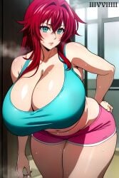 ai_generated big_breasts chubby curvy high_school_dxd iiivviiiii pink_shorts red_hair rias_gremory shorts sweat tank_top teal_eyes thick_thighs