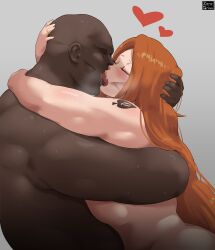 1boy 1girls 2d 2d_(artwork) bleach branded branding_mark cheating cheating_wife color completely_nude dark-skinned_male dark_skin french_kiss heart illustration inoue_orihime interracial japanese kissing light-skinned_female light_skin netorare ntr nude orange_hair passionate passionate_kiss queen_of_spades red_hair spade_tattoo tattoo venus_body zeroqrisu