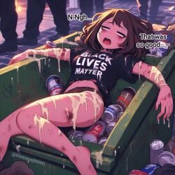 1girls after_sex ai_generated alleyway black_lives_matter blacked blushing brown_hair bruised bruises choker collar cum cum_on_arms cum_on_body cum_on_fingers cum_on_legs dumpster exhibitionism female interracial my_hero_academia ochako_uraraka open_mouth outdoors public runny_makeup torn_clothes trash trash_dumpster