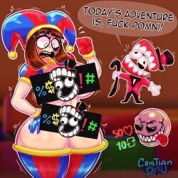 2023 2d 2d_(artwork) 2d_artwork big_breasts big_thighs brown_hair bubble_(the_amazing_digital_circus) caine_(the_amazing_digital_circus) censor_bar cristiandeku1 dialogue female glitch_productions gloves gooseworx huge_breasts huge_thighs jester jester_cap jester_costume jester_girl jester_hat jester_outfit looking_down nervous_face pomni pomni_(the_amazing_digital_circus) short_hair surprised the_amazing_digital_circus thick_thighs twitter twitter_strip_game_(meme)