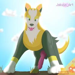 absurd_res big_penis bodily_fluids boltund canid canine erection feral generation_8_pokemon genital_fluids genitals hi_res jakuya_art looking_at_viewer male mammal nintendo open_mouth paws penis pokemon pokemon_(species) precum sky solo standing_over tail tongue tongue_out