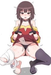 ass_visible_through_thighs bandaged_leg bandages bare_shoulders begging_pose black_choker black_panties black_thighhighs blush breasts bright_pupils brown_hair choker clothes_lift dress feet female fingering full_body groin hatenamaru highres invisible_chair kono_subarashii_sekai_ni_shukufuku_wo! lifted_by_self looking_at_viewer megumin off-shoulder_dress off_shoulder open_mouth panties paw_pose pupils red_dress red_eyes short_hair_with_long_locks simple_background single_thighhigh sitting skirt skirt_lift small_breasts solo spread_legs squatting thighhighs thighs thong underwear wet white white_background
