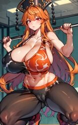 1girls 2d abs ai_generated bare_shoulders belly belly_button big_breasts breasts breasts_bigger_than_head cameltoe curvaceous female female_focus ginger_hair gym gym_uniform head head_ornament headdress hips hourglass_figure indoors junko_(touhou) kokoshnik leggings legs long_hair milf navel nipple_bulge orange_hair pussy_bulge red_eyes shiny_clothes shiny_skin smakiel solo source sportswear squatting sweat thick_hips thick_legs thick_thighs thighs touhou tummy working_out