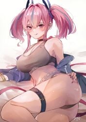 azur_lane bremerton_(azur_lane) calvin_klein choker crop_top hands_on_ass huge_ass jacket_off_shoulders large_breasts licking lying lying_on_bed lying_on_side off_shoulder painted_nails presenting_ass sea_nami seductive seductive_look thigh_strap underwear