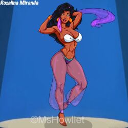 1girls athletic_female barefoot belly_dancer belly_dancer_outfit black_hair cleavage dancer dancer_outfit dancing dark-skinned_female disney esmeralda fit_female green_eyes gypsy harem_girl harem_outfit harem_pants huge_breasts mshowllet the_hunchback_of_notre_dame thick_thighs veil