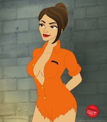 1girls arms_behind_back bad_cop bad_girl brown_eyes brown_hair curvy curvy_female curvy_figure fired jail looking_at_viewer open_shirt orange_outfit pinup policewoman prison prison_uniform prisoner revealing_breasts solo solo_female solo_focus tan-skinned_female the_dating_guy tied_hair torn_clothing valerie