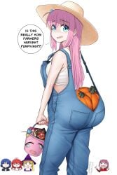 ass blue_eyes bocchi_the_rock! cosplay dumptruck_ass dumptruck_butt english_text farmer female_only funny gotou_hitori halloween hiroi_kikuri ijichi_nijika kita_ikuyo meme multiple_girls nervous_smile pink_hair pumpkin pumpkin_butt text_bubble yamada_ryou