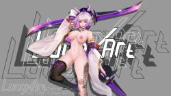 areolae big_breasts breasts elf_ears elf_female female high_heels karina_(mobile_legends) leg_up lipstick looking_at_viewer lunoxean mobile_legends mobile_legends:_adventure multicolored_hair nipples nude oni_mask pussy silver_hair solo spread_legs tattoo vagina weapon