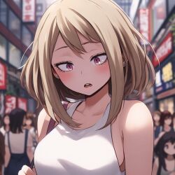 ai_generated bimbo bimbofication blonde_hair cleavage confusion dazed hand_on_breast krystalizedart large_breasts loose_clothes my_hero_academia ochako_uraraka pink_eyes sideboob solo solo_female solo_focus tank_top thin_waist upper_body