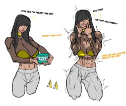 abs animalautumn before_and_after black_hair bra broad_shoulders dark-skinned_female dark_skin green_eyes grey_pants grin hair_over_one_eye lips muscle_growth muscular_female pants see-through_clothing see-through_shirt smile text vein veins veiny_muscles yellow_bra