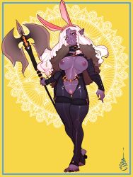 axe bunny_ears cheunchin drow exposed_breasts fake_animal_ears goliath_(dungeons_and_dragons) navel nyx_(cliffpadfoot) pointy_ears pubic_hair purple_skin reverse_bunnysuit scars toeless_legwear white_hair