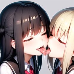 2girls absurd_res ai_generated black_hair blonde_hair blush closed_eyes eyebrows_visible_through_hair female female_only hi_res kissing long_hair nemus_waifu_generator open_mouth pleasure_face saliva saliva_drip saliva_on_tongue saliva_string saliva_trail school_uniform simple_background tongue_out white_background yuri