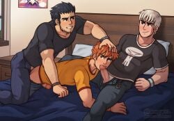 3boys all_fours anal bara beard_stubble bedroom black_hair blush censored clothed_sex clothes_pull denim doggy_style eye_contact feet_out_of_frame fellatio gay group_sex hand_in_another's_hair hand_on_another's_head head_grab highres jeans looking_at_another lucas_lee male_focus male_only mmm_threesome mosaic_censoring multiple_boys muscular muscular_male on_bed open_fly oral orange_hair pants pants_pull pectorals scott_pilgrim scott_pilgrim_takes_off scott_w_pilgrim sex short_hair sideburns sideways_glance sitting smile soupyeel thick_eyebrows threesome todd_ingram white_hair yaoi