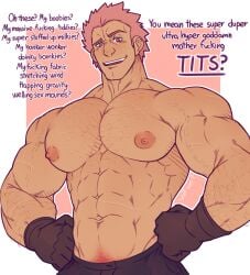 1boy 1male abs bara bara_tiddies bara_tits barazoku big_arms big_pecs dialogue fire_emblem fire_emblem:_three_houses holst_sigiswald_goneril looking_at_viewer male_only meme muscular_male oh_these?_(meme) shirtless solo solo_male wolf_con_f