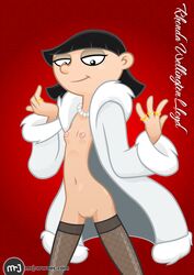 black_hair bottomless breasts coat female female_only fishnets fur_coat hey_arnold! human jewelry mr._j nickelodeon nipples open_coat pale_skin pearls pussy rhonda_wellington_lloyd ring rings small_breasts smile solo standing stockings toony