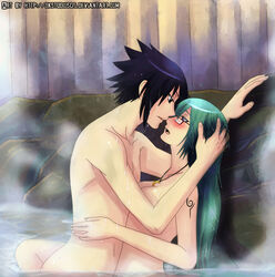 1boy 1girls dk_studios female glasses green_hair hair hot_spring hugging human kissing male naruto nude original_character romantic sasuke_uchiha steam straight wet