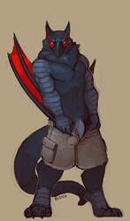 2013 anthro clothing facial_markings furry looking_at_viewer male male_only markings monster_hunter muscles nargacuga no_humans penis plain_background redic-nomad shorts solo standing undressing video_games yellow_eyes