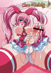 1futa blue_eyes blush c.r. censored clothed_masturbation clothing cum cure_melody dress futanari hibiki_hojo magical_girl masturbation medium_breasts panties pink_hair pretty_cure stockings suite_precure tagme