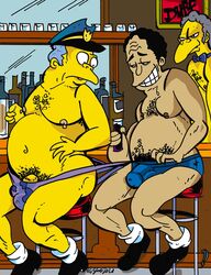 bar_stool bulge chief_wiggum erect_nipples erection_under_clothes frown gay hairy_chest holding_drink inviting_to_sex julius_hibbert male_only moe_szyslak pubic_hair the_simpsons underwear_only underwear_pull victor_hodge yaoi