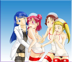 blush clothing flat_chest minazuki_karen myoujou nozomi_yumehara nurse panties pretty_cure rin_natsuki see-through see-through_clothing small_breasts stockings urara_kasugano yes!_precure_5 yuri