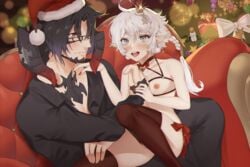 alisaie_leveilleur au_ra blue_eyes blue_hair christmas elezen final_fantasy final_fantasy_xiv horns open_shirt pointy_ears ponytail ranier_almasy ribbon santa_hat sitting_on_lap size_difference thighhighs white_hair xaela