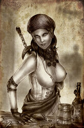 1girls agregor artist_name boobs bottle breasts coin dragon_age dragon_age_2 dragon_age_origins female female_only isabela_(dragon_age) mostly_clothed nipples one_breast_out solo solo_female sword tagme