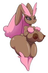 anthro areola ass big_breasts big_butt black_pupils black_sclera breasts brown_areola brown_body brown_nipples female generation_4_pokemon hi_res huge_breasts huge_butt huge_thighs long_ears lopunny nintendo nipples nude pink_eyes pokémon_(species) pokemon pokemon_(species) pupils shiny_pokemon smile solo thegeckoninja thick_thighs