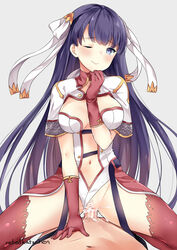 arm_between_breasts arm_support bangs between_breasts black_eyes black_hair blush breasts censored clothed_female_nude_male cowgirl_position cum cum_in_pussy cum_inside eyebrows_visible_through_hair fate/grand_order fate_(series) female gloves grey_background hair hair_ribbon hand_on_own_chin head_tilt kaetzchen leotard long_hair looking_at_viewer medium_breasts navel one_eye_closed penis red_gloves red_legwear ribbon saint_martha sex simple_background smile smug solo_focus thighhighs vaginal_penetration vaginal_sex