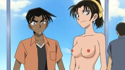 1girls breasts brown_hair detective_conan female green_eyes hair_ribbon heiji_hattori human kazuha_toyama large_breasts male nipples nude pale-skinned_female pale_skin ponytail short_hair tagme