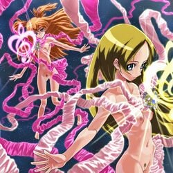 amulet blonde_hair blue_eyes breasts brooch cure_melody cure_rhythm hair_ribbon hibiki_hojo houjou_hibiki jewelry kanade_minamino light_rays long_hair magical_girl minamino_kanade multiple_girls musical_note naked_ribbon navel nipples nude orange_hair otsukare precure pretty_cure pubic_hair pussy ribbon small_breasts smile space suite_precure tied_hair twintails two_side_up uncensored