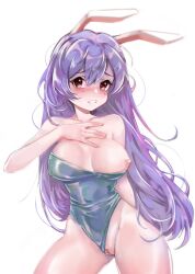 animal_humanoid big_breasts blush breasts clothed clothing clothing_aside female genitals hair hi_res humanoid lagomorph lagomorph_humanoid leporid leporid_humanoid long_hair looking_at_viewer mammal mammal_humanoid messy_hair nipples one_breast_out partially_clothed purple_hair pussy rabbit rabbit_ears rabbit_humanoid red_eyes reisen_udongein_inaba simple_background skimpy solo swimwear touhou weedymeadowfawn worried