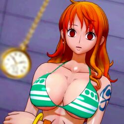 1boy 1girls 3d animated bean_smile bikini breasts brown_eyes cleavage drooling earrings empty_eyes erect_nipples female femsub green_bikini green_swimsuit groping groping_breasts hypnosis large_breasts long_hair male maledom mind_control nami nipples no_sound one_piece open_mouth orange_hair pendulum post-timeskip smile swimsuit tagme tattoo topless undressing uyunsyu video