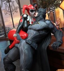 3d 3d_(artwork) batman batman:_arkham_knight batman_(series) batquinn blender_(software) dc dc_comics female groping handjob_over_clothes harley_quinn harley_quinn_(classic) harley_quinn_(injustice) injustice_2 kissing male male/female pawg smitty34 superhero supervillainess tagme temptation temptress text villainess wayne_tower