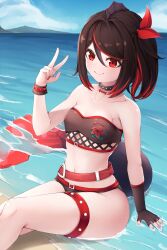 akami_chiyo bikini black_hair highres latam_virtual_youtuber light-skinned_female light_skin looking_at_viewer ocean piranha_girl red_eyes red_nails shironagase short_hair small_breasts smiling_at_viewer summer swimsuit tail two_tone_hair virtual_youtuber water yume_girls!