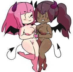 2girls creamy_(princess_and_conquest) dark-skinned_female emi_(princess_and_conquest) hand_heart light-skinned_female multiple_girls nude pink_hair princess_and_conquest succubus tsu wings