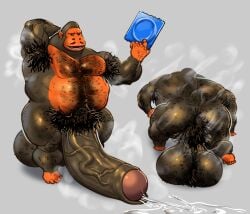 anthro ape balls belly big_balls big_belly big_penis bodily_fluids body_hair chest_hair facial_hair genital_fluids genitals gorilla hairy haplorhine hi_res huge_balls huge_cock hyper hyper_balls hyper_condom hyper_genitalia hyper_penis leaking_precum lotolotl male mammal monkey monkey_feet moustache muscular muscular_anthro muscular_male musk penis precum prehensile_feet primate pubes solo steam