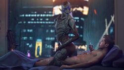 3d 3d_(artwork) alien alien_girl athletic_female cowgirl_position doinks-ahoy high_resolution highres human human_penetrating light-skinned_male mass_effect sex tongue_out turian vaginal_penetration vetra_nyx