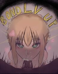 1boy 1girls artoria_pendragon blowjob blowjob_face cum cum_in_mouth dark-skinned_male dark_skin fate/grand_order fate/stay_night fate_(series) green_eyes heart heart-shaped_pupils interracial kinkylingky light-skinned_female light_skin looking_at_viewer pov pov_eye_contact saber video_game_character video_games yellow_hair