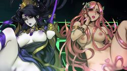 2girls aphrodite_(hades) big_breasts black_hair blush censored divine_slut female female_only goddess hades_(game) nude nyx_(hades) pd pink_hair restrained