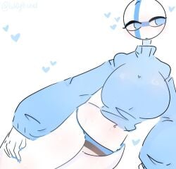 1girls blue_clothes blue_hearts blue_stripes blue_sweater blush breasts countryhumans countryhumans_girl estonian_flag female female_focus female_only finland_(countryhumans) girl_only half-dressed half_naked hearts_around_body kak0yt0_chel looking_away painted_nails solo sweater thighs thighs_together white_body