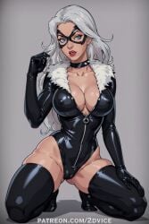 2dvice ai_generated big_breasts black_cat_(marvel) black_clothing black_legwear blue_eyes cameltoe choker cleavage cleavage_cutout costume felicia_hardy female female_only fur grey_hair inviting inviting_to_sex latex latex_gloves latex_suit looking_at_viewer marvel mask masked masked_female nipple_bulge nipples nipples_visible_through_clothing on_knees overalls playstation pose posing ps5 stockings superheroine uniform white_hair young younger_female zipper