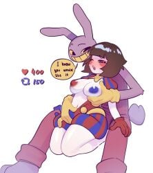 1girls 2023 2d 2d_(artwork) 2d_artwork anthro areolae big_thighs blush brown_hair bunny bunny_ears cakeofclouds dialogue dialogue_bubble female glitch_productions gloves gooseworx hand_on_breast heart-shaped_pupils jax_(the_amazing_digital_circus) jester jester_cap jester_costume jester_girl jester_hat jester_outfit looking_at_partner looking_down louffay male masturbation nipples open_mouth orgasm pomni_(the_amazing_digital_circus) purple_body short_hair small_breasts smaller_female smiling straight taking_clothes_off the_amazing_digital_circus thick_thighs twitter twitter_strip_game_(meme) white_body yellow_eyes yellow_mouth