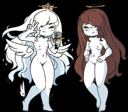 2girls alternate_costume angel brown_hair female female_only fina_(princess_and_conquest) microphone multiple_girls nude pale_skin princess_and_conquest tsu white_hair white_skin