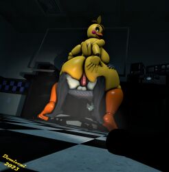 2023 3d_(artwork) animatronic anthro ass avian balls big_butt bird bottomless canid canine canis chair chicken clothed clothing dark_room digital_media_(artwork) domizoni duo female five_nights_at_freddy's five_nights_at_freddy's_2 flashlight furniture galliform gallus_(genus) genitals glowing glowing_eyes hand_on_butt hi_res humanoid machine male male/female mammal on_chair penetration penis phasianid robot runaboo_chica scottgames sitting sitting_on_chair size_difference source_filmmaker thick_thighs toy_chica_(fnaf) wolf wolf_(petruz)