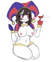 2023 2d 2d_(artwork) 2d_artwork artist_request big_thighs biting_lip breasts brown_hair female glitch_productions gloves gooseworx handjob jester jester_cap jester_costume jester_girl jester_hat jester_outfit looking_at_penis male medium_breasts nipples penis pomni pomni_(the_amazing_digital_circus) short_hair the_amazing_digital_circus thick_thighs white_body