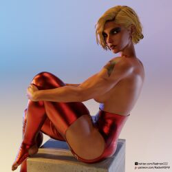 1girls 3d athletic_female blender blender_(software) blonde_hair dark-skinned_female dark_skin fit_female hi_res highres leather_thighhighs muscular_arms muscular_thighs overwatch overwatch_2 pharah pinup radmon222 red_legwear self_upload short_hair sideboob simple_background solo solo_female tattoo thick_thighs topless