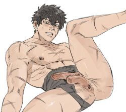 1boy abs anus bannriishi bara black_hair clenched_teeth doudanuki_masakuni loincloth_aside male_focus midriff_sarashi muscular muscular_male nipples penis presenting sanpaku sarashi short_hair solo spread_legs sweatdrop teeth thick_eyebrows topless_male touken_ranbu uncensored white_background yellow_eyes